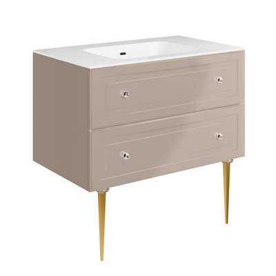 Alma Taupe 36" Vanity w / Gold Legs & Knobs with Integrated White Solid Surface Top