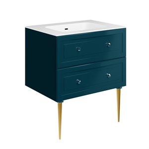 Alma Turquoise 30" Vanity w / Gold Legs & Knobs with Integrated White Solid Surface Top